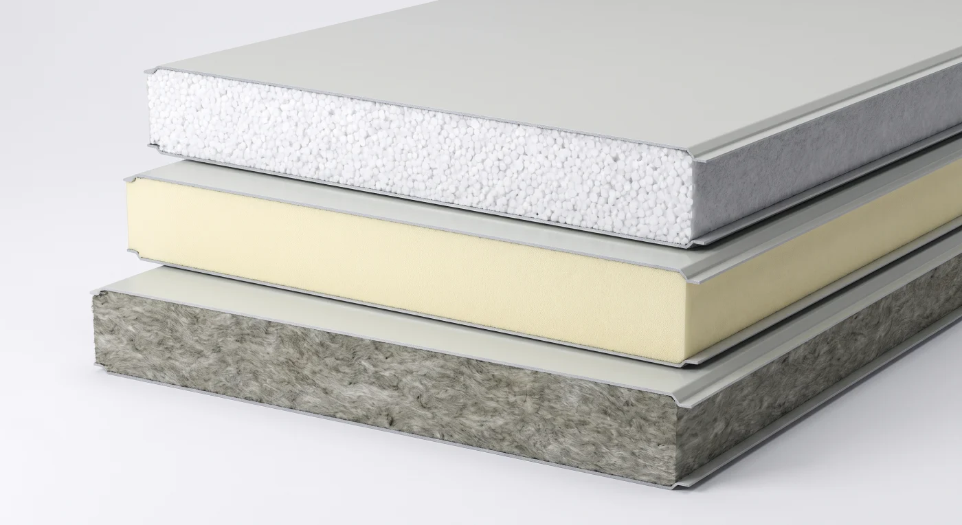 EPS, PIR and Rockwool insulated panel cores compared in cross-section