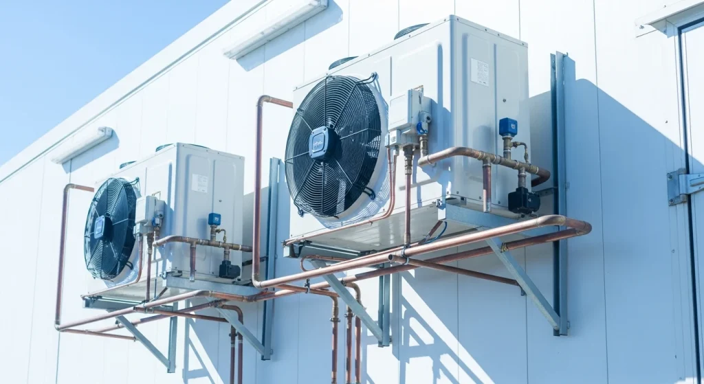 Refrigeration condensing units on a white cold room wall