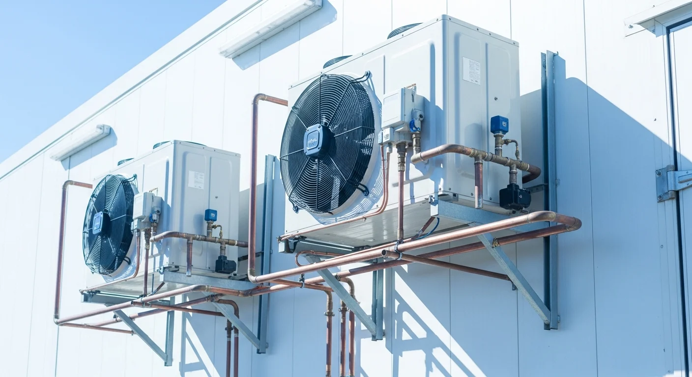 Refrigeration condensing units on a white cold room wall
