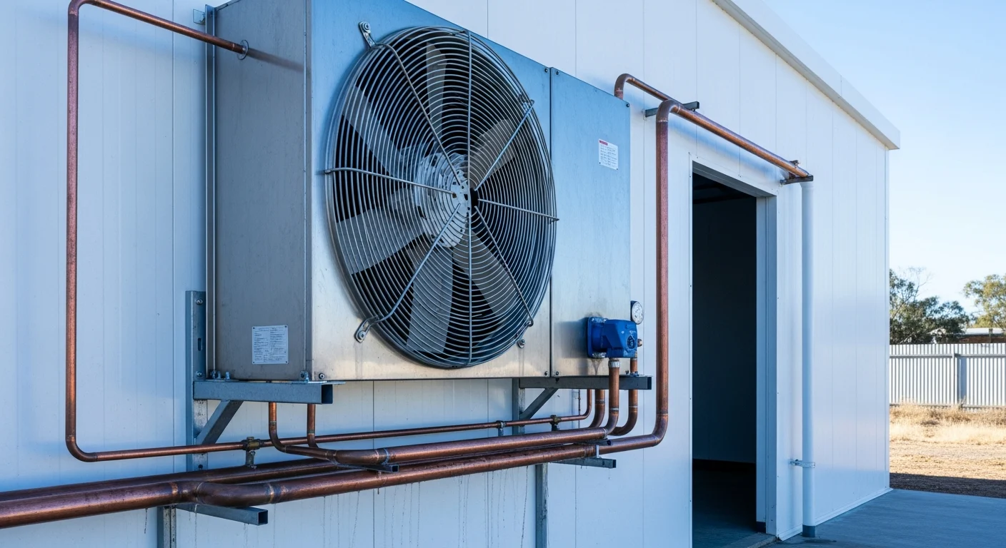 Refrigeration condensing unit on a white cold room