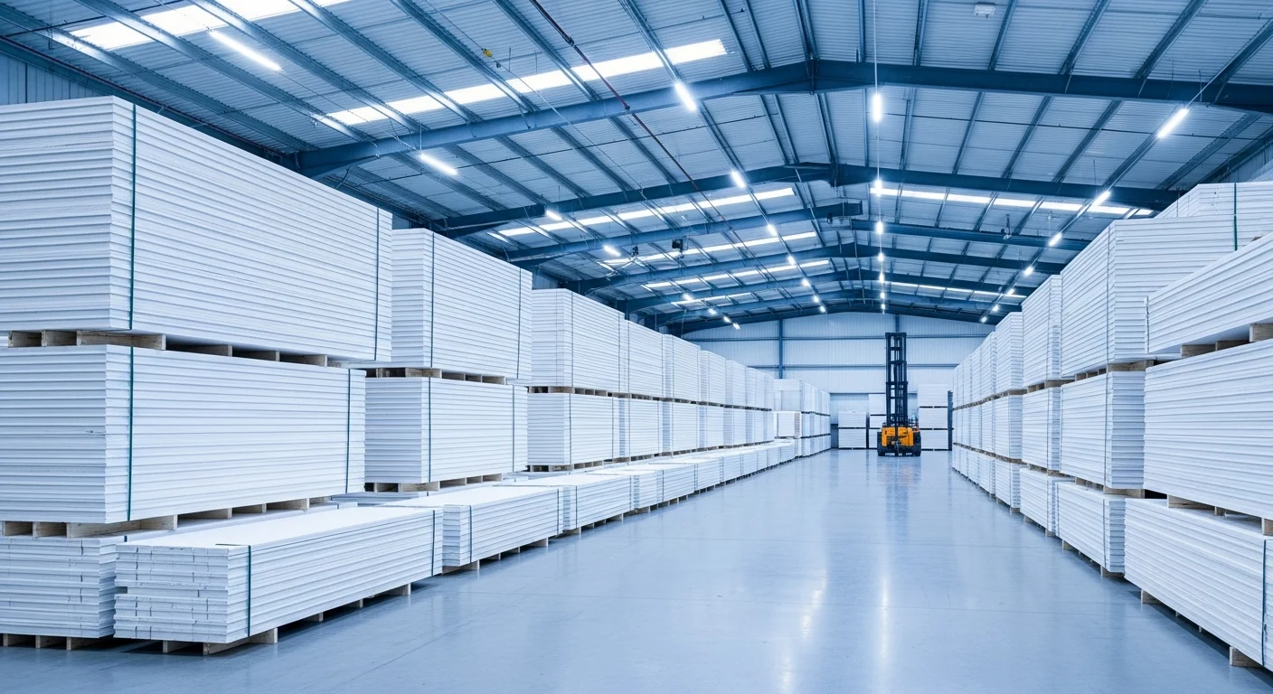 Insulated cool room panels stacked in a supplier warehouse