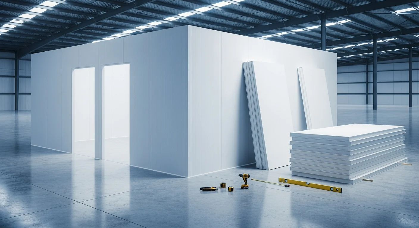 A cool room part-built from white insulated panels