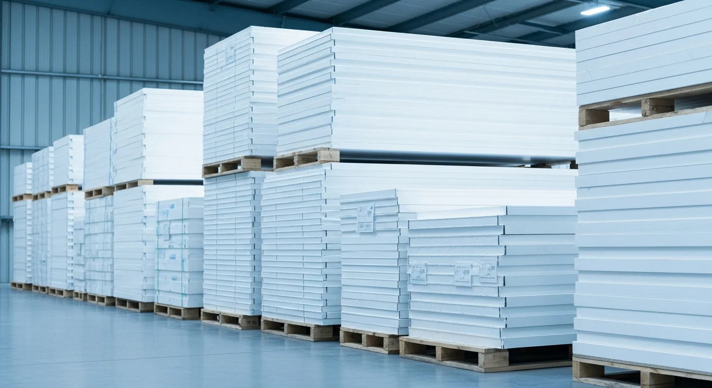 Stacks of white insulated sandwich panels in a warehouse